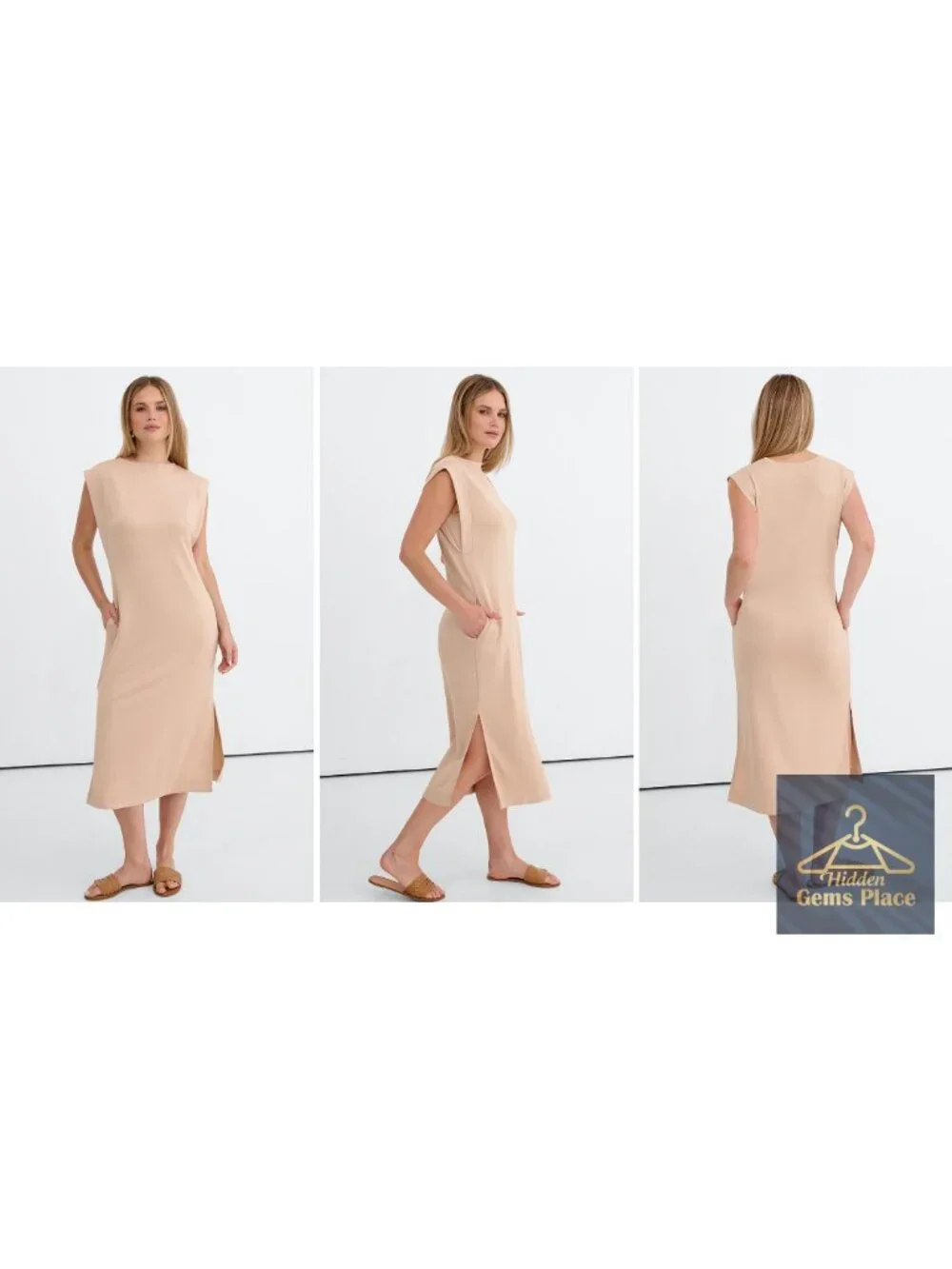 Women's Casual Midi Dress Sleeveless Crewneck Loose Split Wrinkle-Free